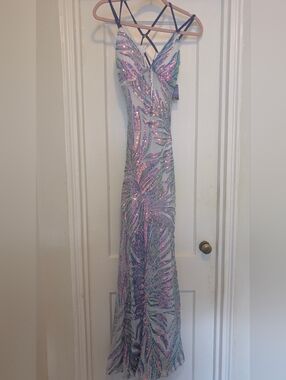 Iridescent Sequin Mermaid Prom Dress in Pink Blue